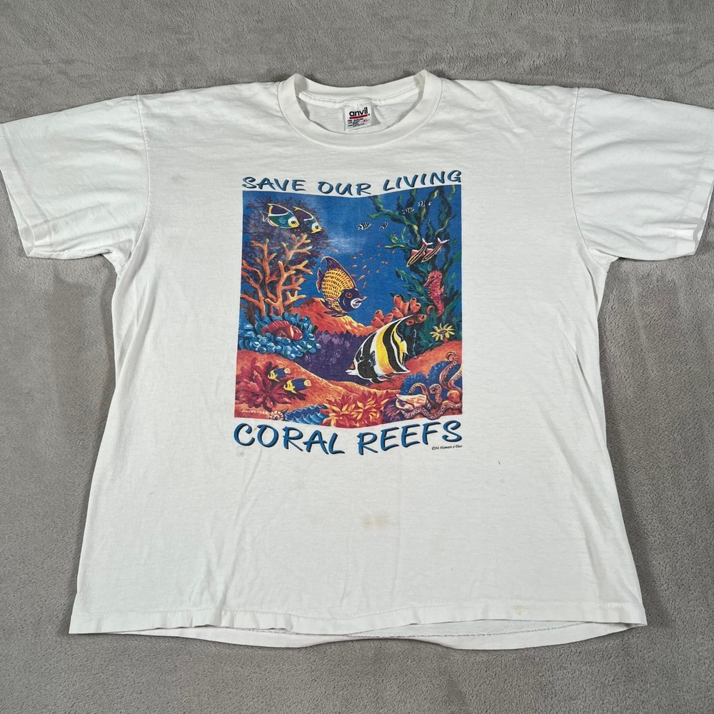 Vintage 1994 Human-i-Tees Save Our Living Coral Reefs T-Shirt XL White Anvil USA